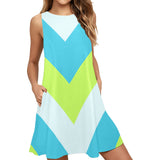 v striped neon green blue white print 5 Sleeveless A-Line Pocket Dress (Model D57) - Objet D'Art