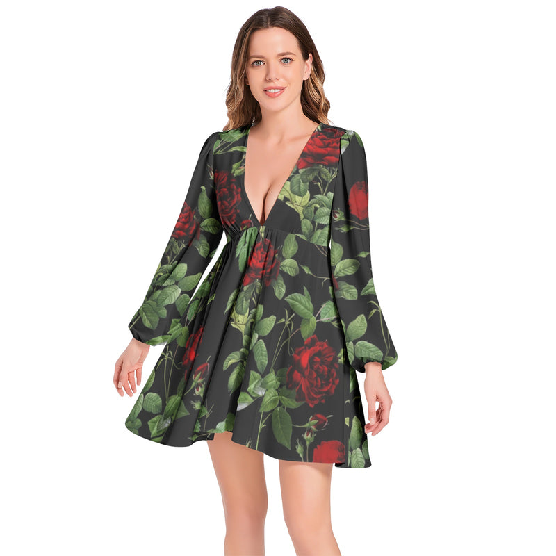 Rose PrintLantern Sleeve Deep V-Neck Short Dress - Objet D'Art