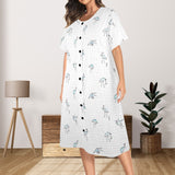 blue and white solid half Women's Button Front House Dress - Objet D'Art