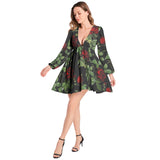 Rose PrintLantern Sleeve Deep V-Neck Short Dress - Objet D'Art