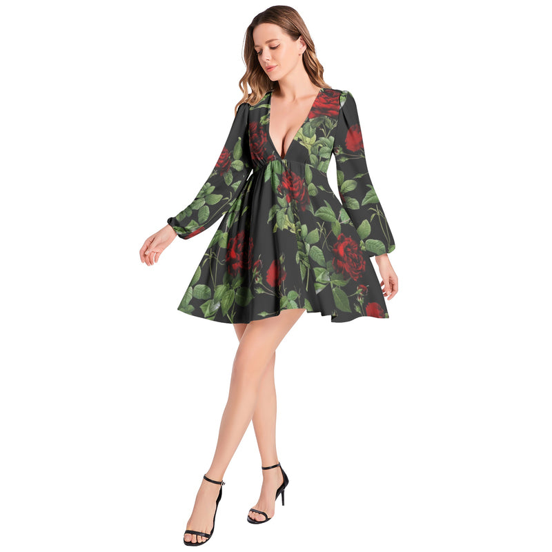 Rose PrintLantern Sleeve Deep V-Neck Short Dress - Objet D'Art