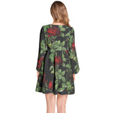 Rose PrintLantern Sleeve Deep V-Neck Short Dress - Objet D'Art
