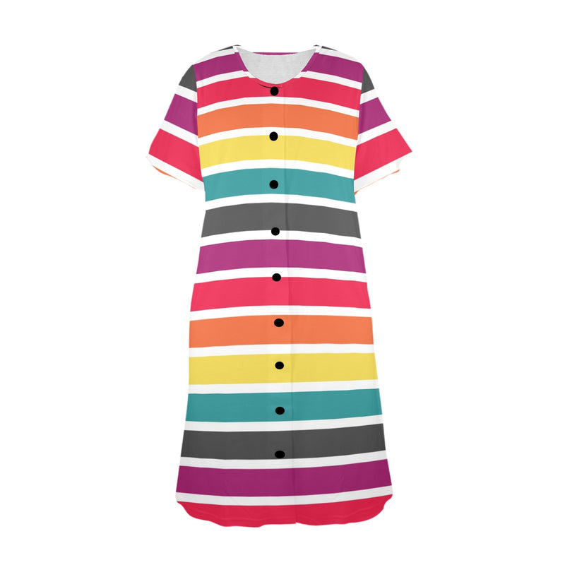 blue and white solid half Women's Button Front House Dress - Objet D'Art