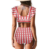 gingham red white print Women's Ruffle Sleeve Bikini Swimsuit (Model S42) - Objet D'Art