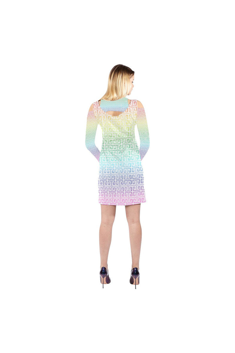 Greek Key Rainbow Cold Shoulder Long Sleeve Dress (Model D37) - Objet D'Art Online Retail Store