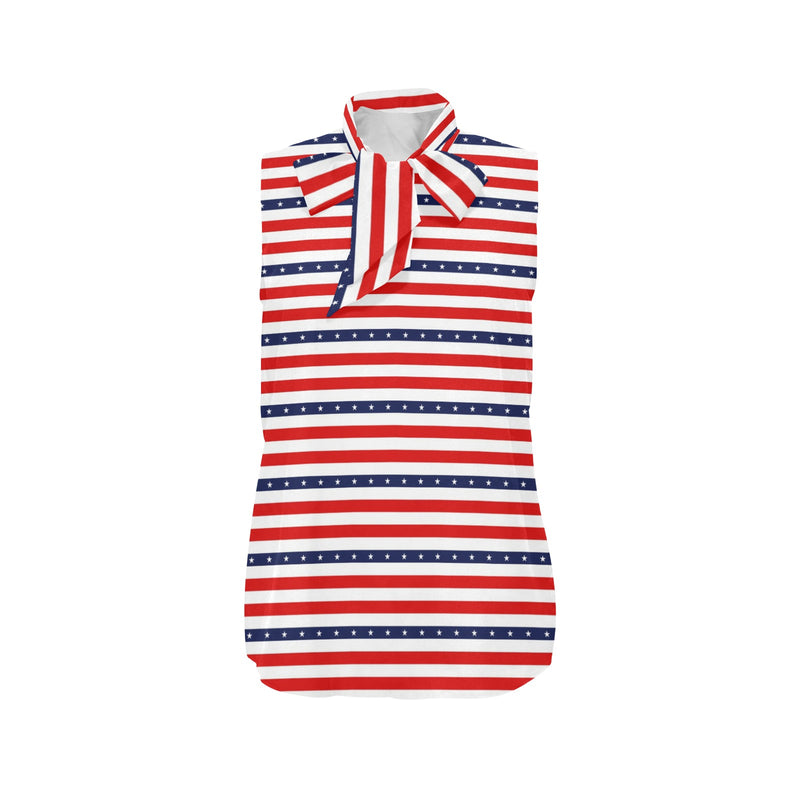americana stars and stripes striped print 2 Women's Bow Tie V-Neck Sleeveless Shirt (Model T69) - Objet D'Art