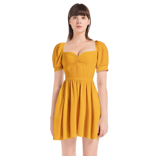 Saffron Puff Sleeve Sweetheart Neck Short Dress - Objet D'Art