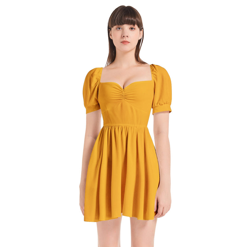 Saffron Puff Sleeve Sweetheart Neck Short Dress - Objet D'Art