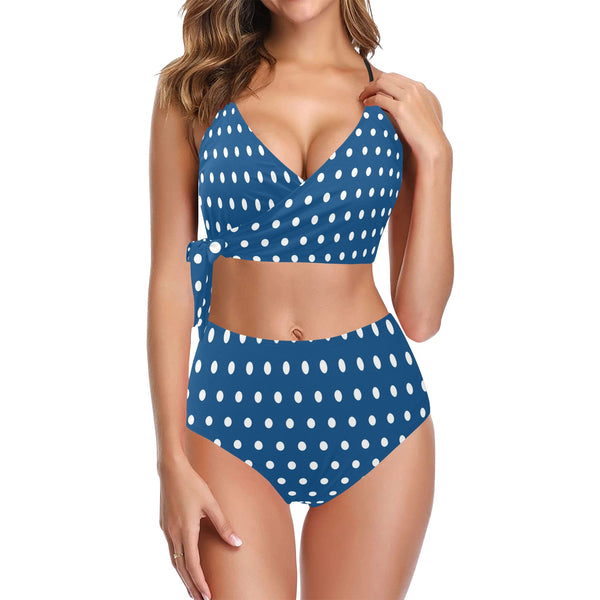 blue polka dot print 4 Knot Side Bikini Swimsuit (Model S37) - Objet D'Art