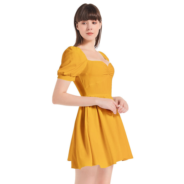 Saffron Puff Sleeve Sweetheart Neck Short Dress - Objet D'Art