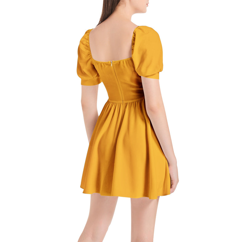 Saffron Puff Sleeve Sweetheart Neck Short Dress - Objet D'Art