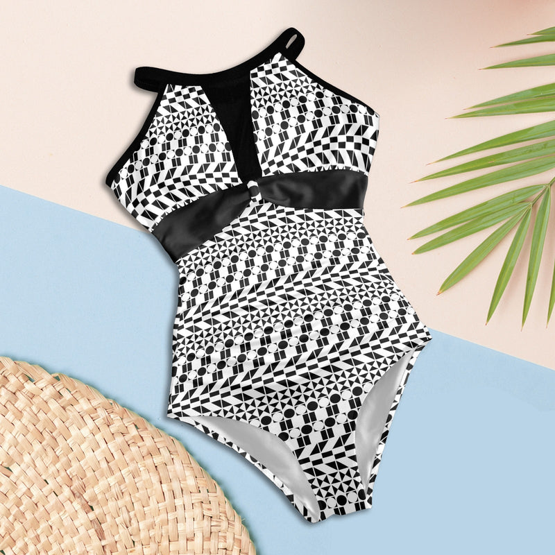 black 2 9k Women's High Neck Plunge Mesh Ruched Swimsuit (S43) - Objet D'Art