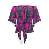 fuchsia rose on gray greek key print Off Shoulder Knot Front Blouse (Model T71) - Objet D'Art
