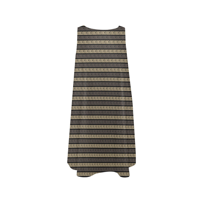 brown beige greek key print 7A Sleeveless A-Line Pocket Dress (Model D57) - Objet D'Art
