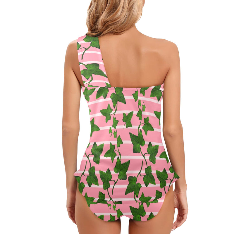 ivy striped 2 print Women's One Shoulder Backless Swimsuit (Model S44) - Objet D'Art