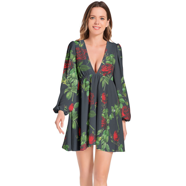 Lantern Sleeve Deep V-Neck Short Dress - Objet D'Art