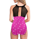 shades of fuchsia hex print Women's High Neck Plunge Mesh Ruched Swimsuit (S43) - Objet D'Art