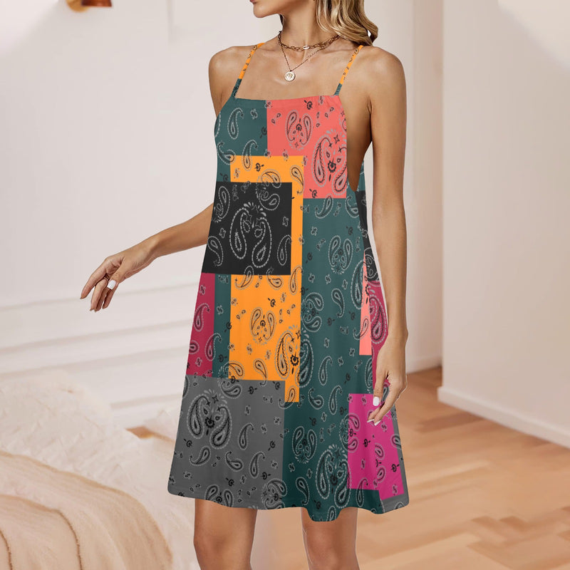 bandana print calico yoga_leggings_template-Recovered-Recovered copy Drawstring Neck Sleeveless Dress (Model D68) - Objet D'Art