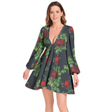 Lantern Sleeve Deep V-Neck Short Dress - Objet D'Art