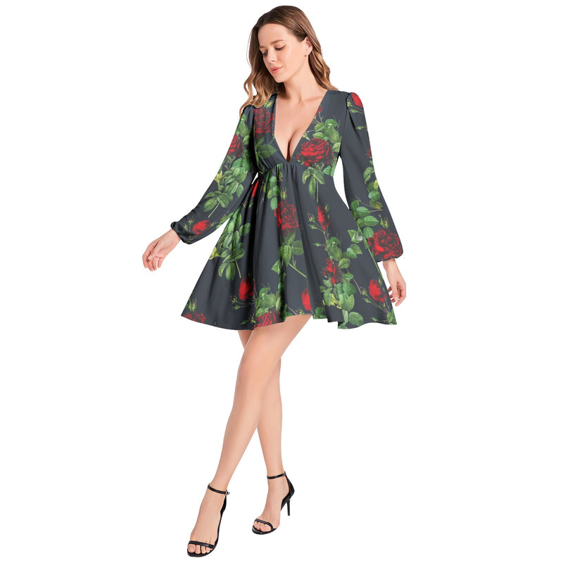 Lantern Sleeve Deep V-Neck Short Dress - Objet D'Art