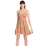Dark Pink and Green Paisley Spaghetti Strap Sleeveless Falred Hem Short Dress - Objet D'Art