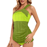 neon and dark green greek key print Women's One Shoulder Backless Swimsuit (Model S44) - Objet D'Art