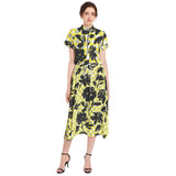 Black Rose Drawstring Waist A-line Flared Midi Dress - Objet D'Art
