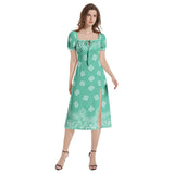 Mint Bandana Art Puff Sleeve Split Thigh Midi Dress - Objet D'Art