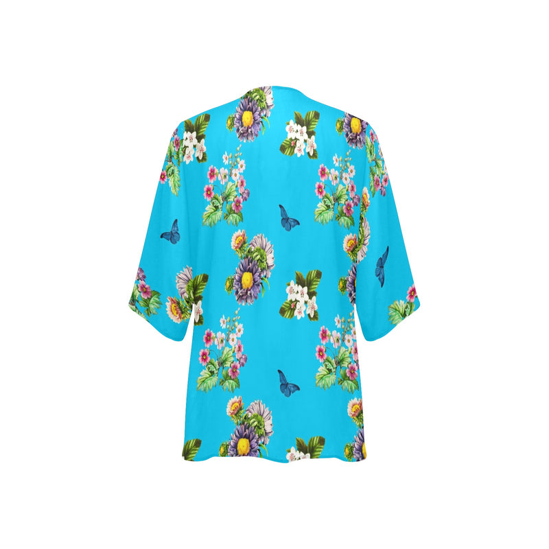 light blue floral print 3 Women's Kimono Chiffon Cover Up (Model H51) - Objet D'Art