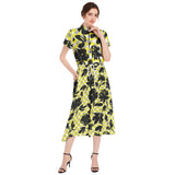 Black Rose Drawstring Waist A-line Flared Midi Dress - Objet D'Art