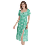 Mint Bandana Art Puff Sleeve Split Thigh Midi Dress - Objet D'Art