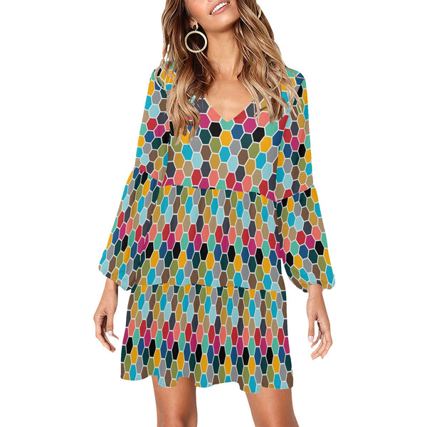 colorful hex swimwear print V-Neck Loose Fit Dress (Model D62) - Objet D'Art