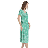 Mint Bandana Art Puff Sleeve Split Thigh Midi Dress - Objet D'Art