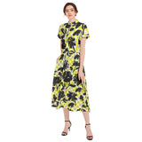 Black Rose Drawstring Waist A-line Flared Midi Dress - Objet D'Art