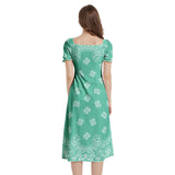 Mint Bandana Art Puff Sleeve Split Thigh Midi Dress - Objet D'Art