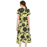 Black Rose Drawstring Waist A-line Flared Midi Dress - Objet D'Art