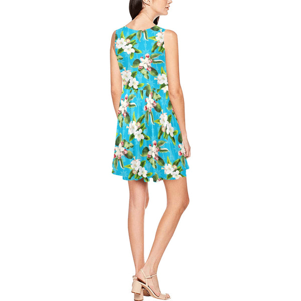 blue apple blossom print 5 Thea Sleeveless Skater Dress(Model D19) - Objet D'Art