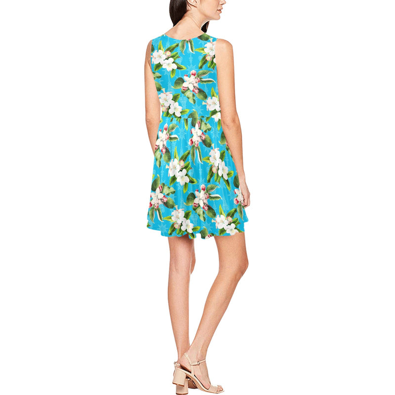 blue apple blossom print 5 Thea Sleeveless Skater Dress(Model D19) - Objet D'Art