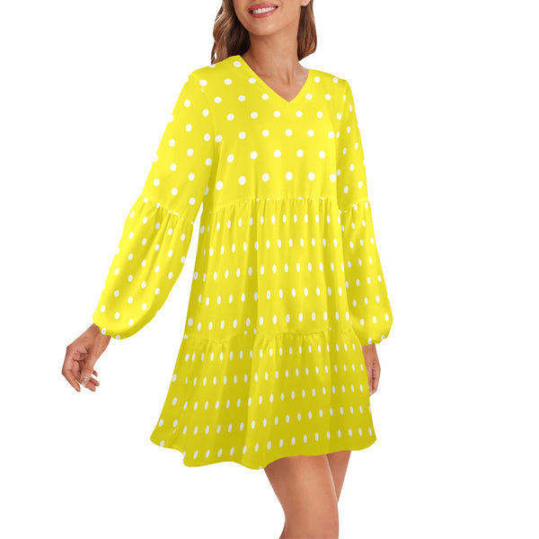 sunshine polka dots V-Neck Loose Fit Dress (Model D66) - Objet D'Art