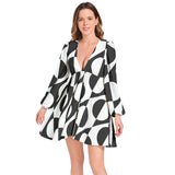 Lantern Sleeve Deep V-Neck Short Dress - Objet D'Art