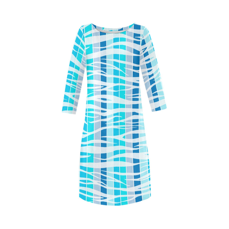 blue wave tiger stiped print 5B Rhea Loose Round Neck Dress(Model D22) - Objet D'Art