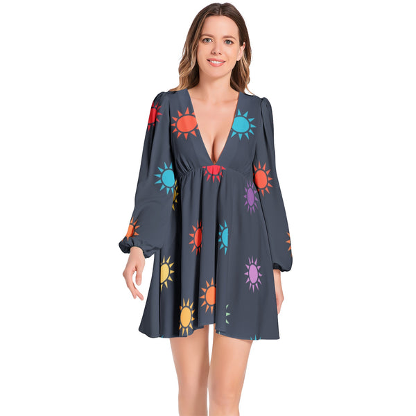 Suns of the Universe Lantern Sleeve Deep V-Neck Short Dress - Objet D'Art
