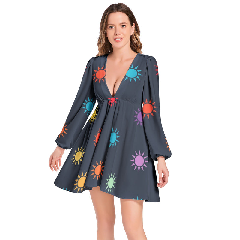 Suns of the Universe Lantern Sleeve Deep V-Neck Short Dress - Objet D'Art