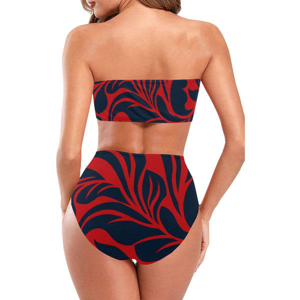 red blue leaf print 2 Chest Wrap Bikini Swimsuit (Model S36) - Objet D'Art