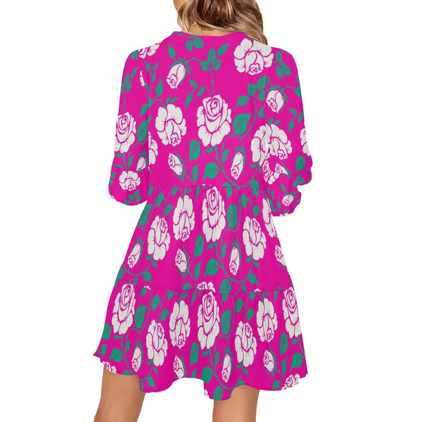 fuchsia rose green petal print V-Neck Loose Fit Dress (Model D62) - Objet D'Art