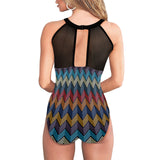 waves colored print 5 Women's High Neck Plunge Mesh Ruched Swimsuit (S43) - Objet D'Art