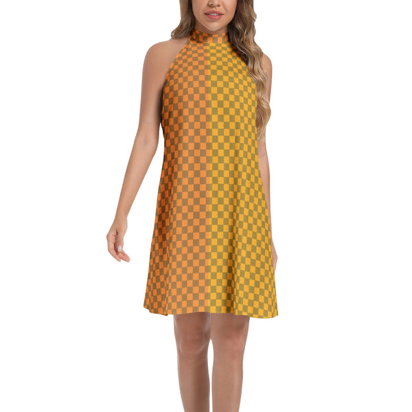Two-tone Checkered Tie Back Halter Neck Flared Dress - Objet D'Art