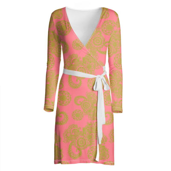 Dark Pink and Green Paisley Wrap Dress - Objet D'Art