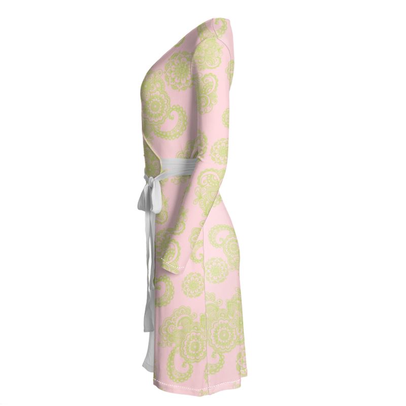 Light Pink and Green Paisley Wrap Dress - Objet D'Art