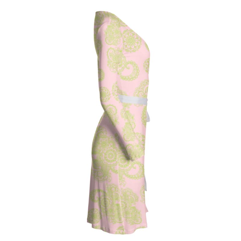 Light Pink and Green Paisley Wrap Dress - Objet D'Art
